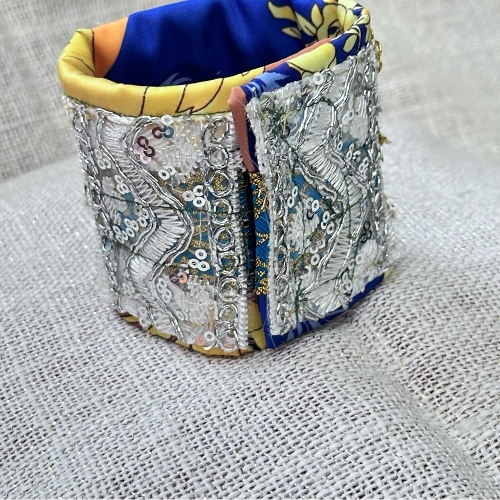 RUBYRUDI Cuff Bracelet Handcrafted OOAK Fabric Embellished Artisan Wearable Art - Picture 2 of 12